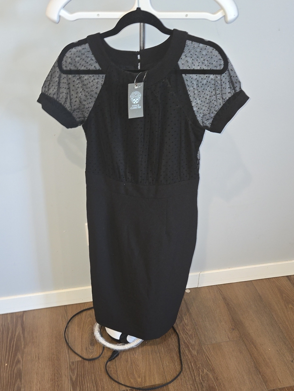 Vince Camuto Black Midi Dress with Sheer Polka-Dot Yoke and Puff Sleeves